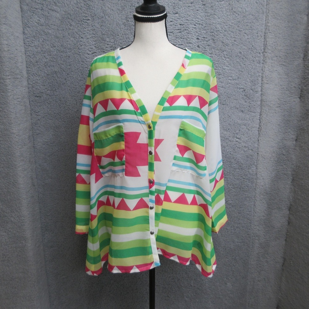 KAKTUS Boho Aztec Shirt Women S Pink Green Multicolor Stripe Sheer Southwestern